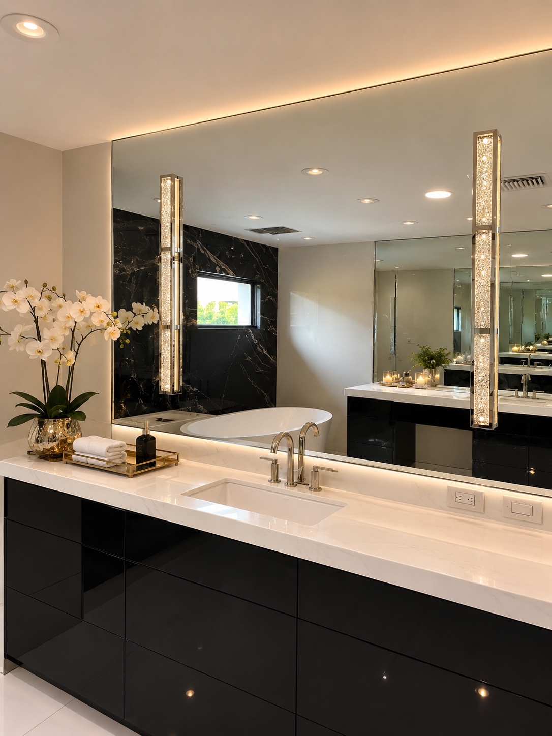Next Glass wall-to-wall custom bathroom mirror with integrated lighting